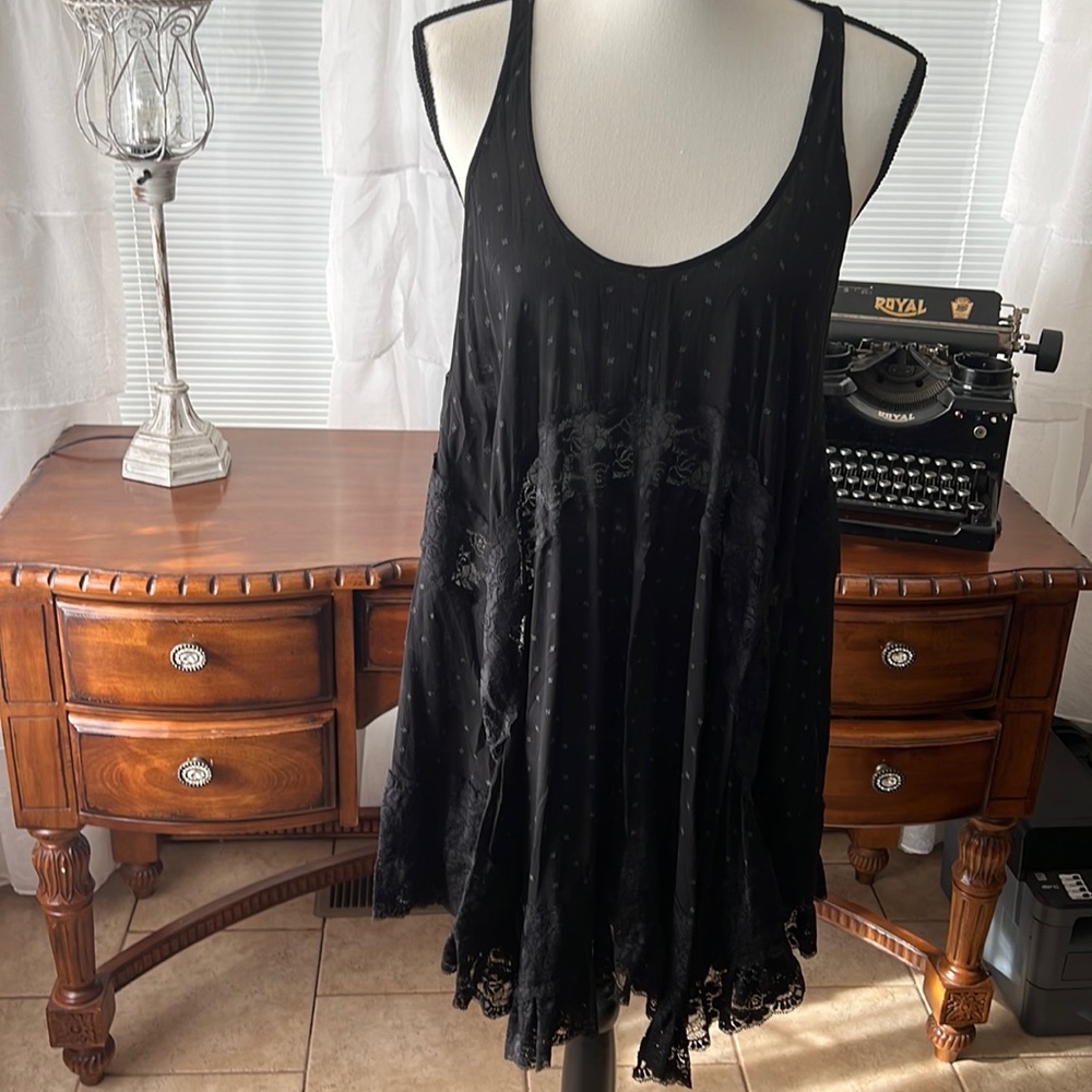 NWOT Free People black with tiny gray tile pattern and sheer lace dress size S!